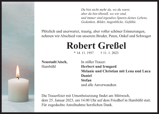 Traueranzeige von Robert Greßel von Neustadt/ Scheinfeld/ Uffenheim