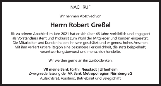 Traueranzeige von Robert Greßel von Neustadt/ Scheinfeld/ Uffenheim