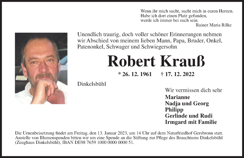  Traueranzeige für Robert Krauß vom 11.01.2023 aus Dinkelsbühl/ Feuchtwangen