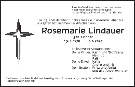 Traueranzeige von Rosemarie Lindauer von Dinkelsbühl/ Feuchtwangen