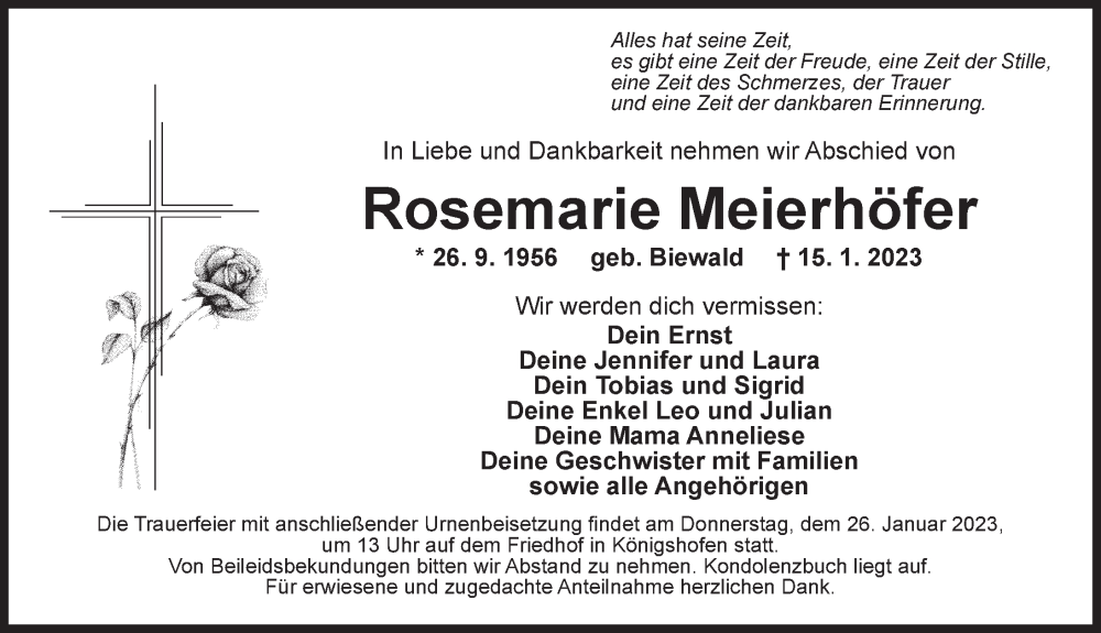  Traueranzeige für Rosemarie Meierhöfer vom 23.01.2023 aus Dinkelsbühl/ Feuchtwangen