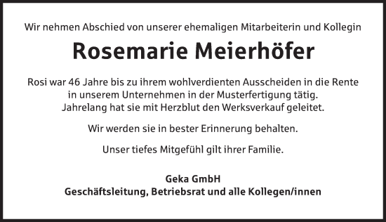 Traueranzeige von Rosemarie Meierhöfer von Ansbach