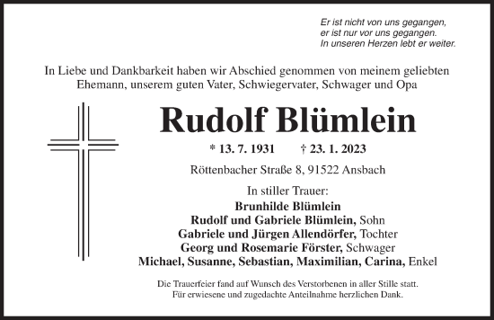 Traueranzeige von Rudolf Blümlein von Ansbach