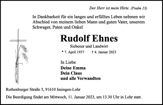 Traueranzeige von Rudolf Ehnes von Rothenburg