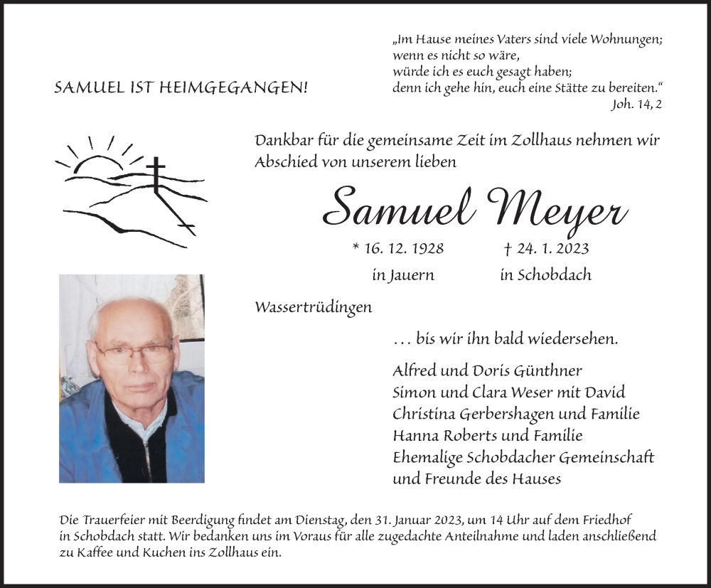  Traueranzeige für Samuel Meyer vom 28.01.2023 aus Dinkelsbühl/ Feuchtwangen