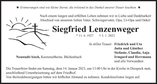 Traueranzeige von Siegfried Lenzenweger von Neustadt/ Scheinfeld/ Uffenheim