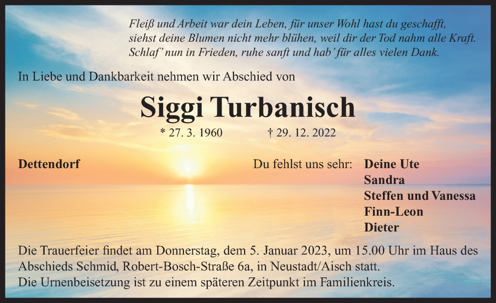  Traueranzeige für Siggi Turbanisch vom 03.01.2023 aus Neustadt/ Scheinfeld/ Uffenheim