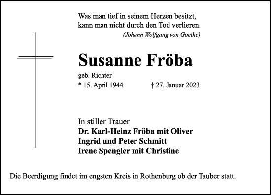 Traueranzeige von Susanne Fröba von Rothenburg