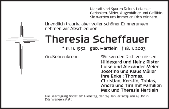 Traueranzeige von Theresia Scheffauer von Dinkelsbühl/ Feuchtwangen