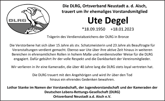 Traueranzeige von Ute Degel von Neustadt/ Scheinfeld/ Uffenheim