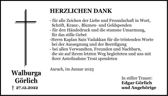 Traueranzeige von Walburga Görlich von Dinkelsbühl/ Feuchtwangen