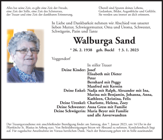 Traueranzeige von Walburga Sand von Ansbach