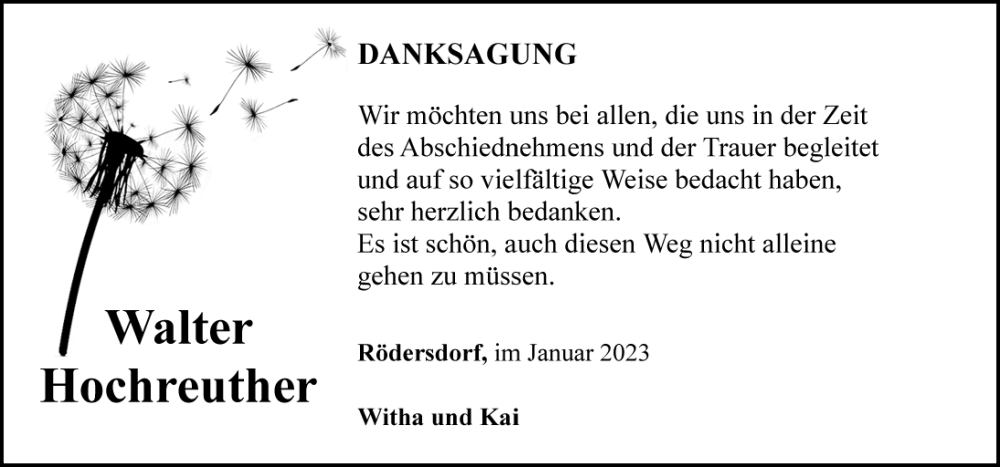  Traueranzeige für Walter Hochreuther vom 14.01.2023 aus Rothenburg