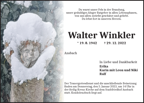 Traueranzeige von Walter Winkler von Ansbach