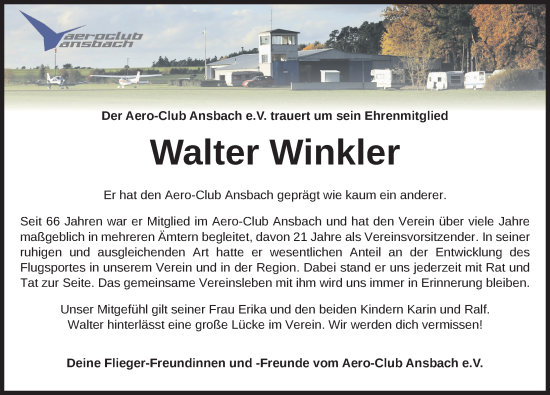 Traueranzeige von Walter Winkler von Ansbach