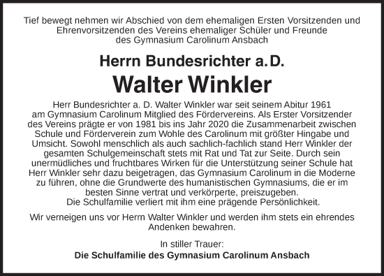 Traueranzeige von Walter Winkler von Ansbach