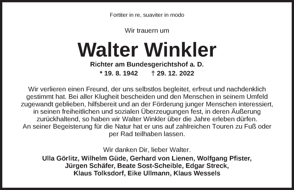  Traueranzeige für Walter Winkler vom 03.01.2023 aus Ansbach