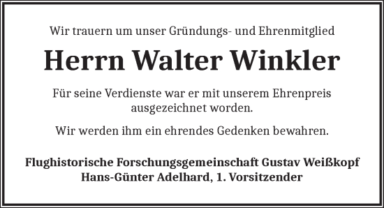 Traueranzeige von Walter Winkler von Ansbach