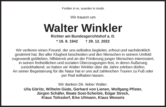 Traueranzeige von Walter Winkler von Ansbach