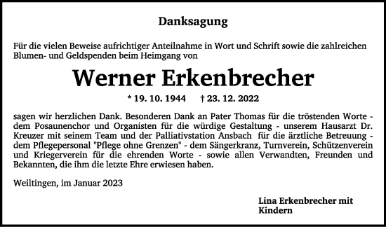 Traueranzeige von Werner Erkenbrecher von Dinkelsbühl/ Feuchtwangen