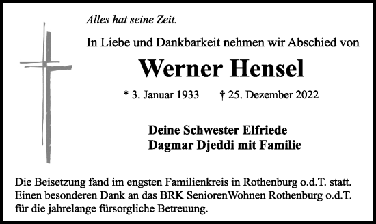 Traueranzeige von Werner Hensel von Rothenburg