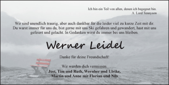 Traueranzeige von Werner Leidel von Ansbach