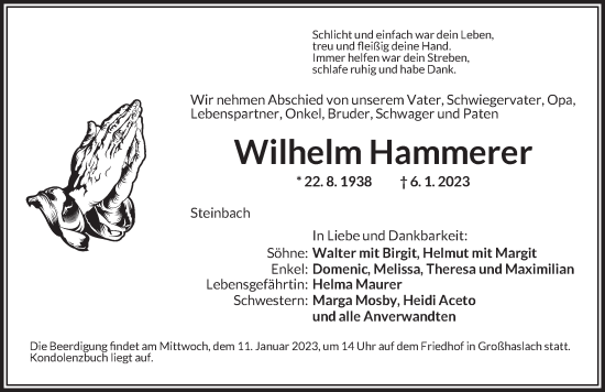 Traueranzeige von Wilhelm Hammerer von Ansbach