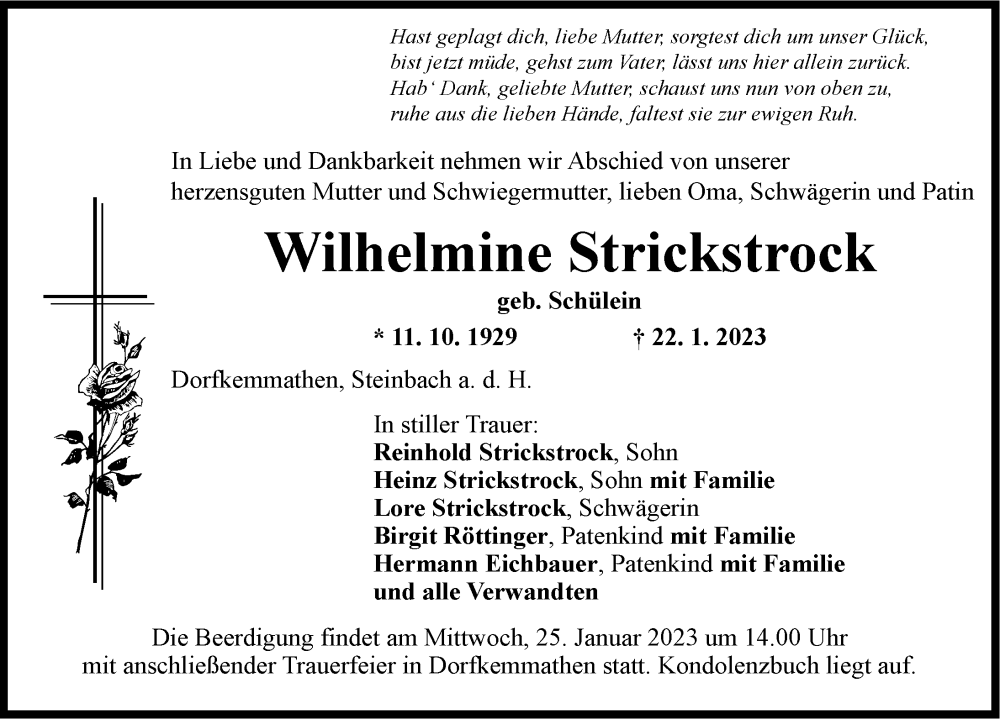  Traueranzeige für Wilhelmine Strickstrock vom 23.01.2023 aus Dinkelsbühl/ Feuchtwangen
