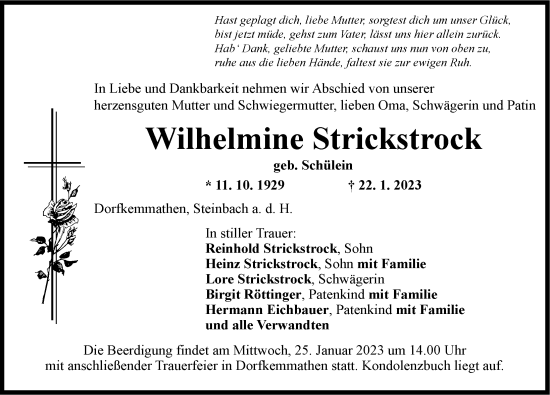 Traueranzeige von Wilhelmine Strickstrock von Dinkelsbühl/ Feuchtwangen