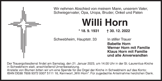 Traueranzeige von Willi Horn von Neustadt/ Scheinfeld/ Uffenheim