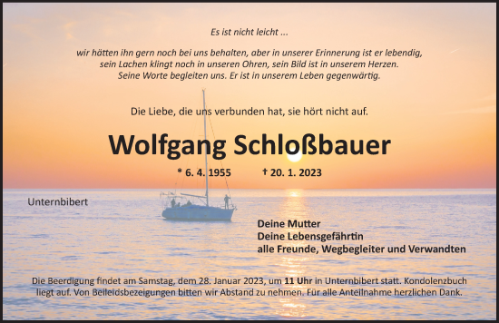 Traueranzeige von Wolfgang Schloßbauer von Ansbach
