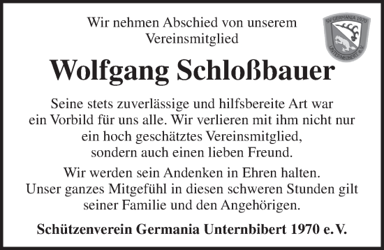 Traueranzeige von Wolfgang Schloßbauer von Ansbach