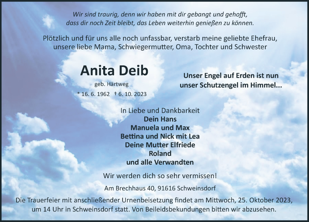  Traueranzeige für Anita Deib vom 21.10.2023 aus Rothenburg