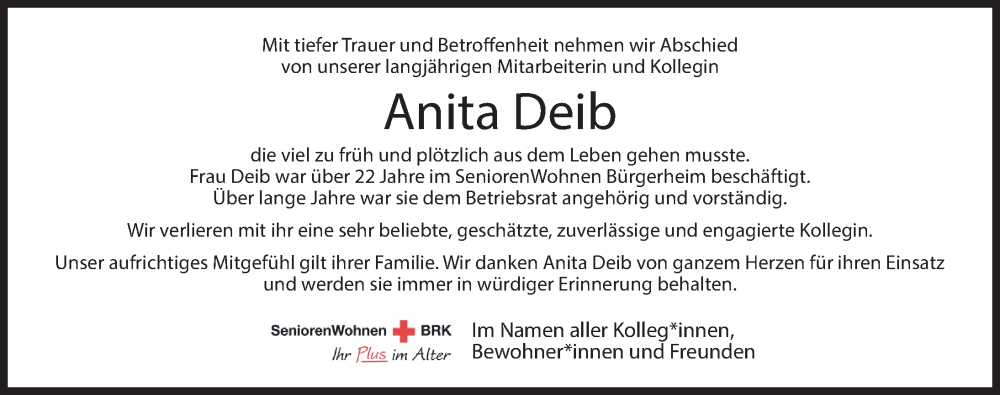  Traueranzeige für Anita Deib vom 21.10.2023 aus Rothenburg