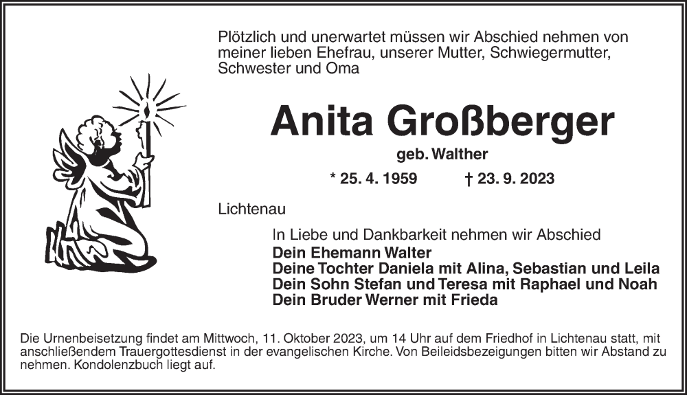  Traueranzeige für Anita Großberger vom 09.10.2023 aus Ansbach
