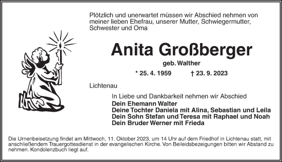 Traueranzeige von Anita Großberger von Ansbach