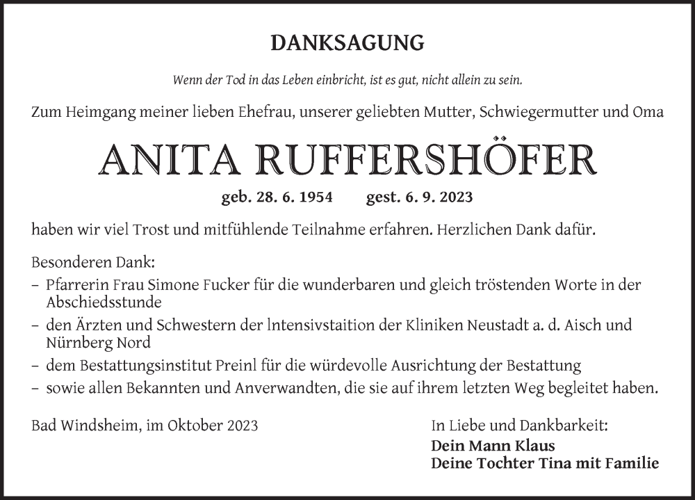  Traueranzeige für Anita Ruffershöfer vom 07.10.2023 aus Neustadt/ Scheinfeld/ Uffenheim