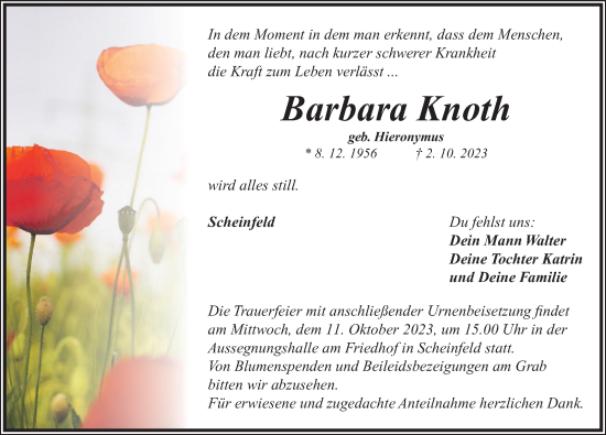 Traueranzeige von Barbara Knoth von Neustadt/ Scheinfeld/ Uffenheim