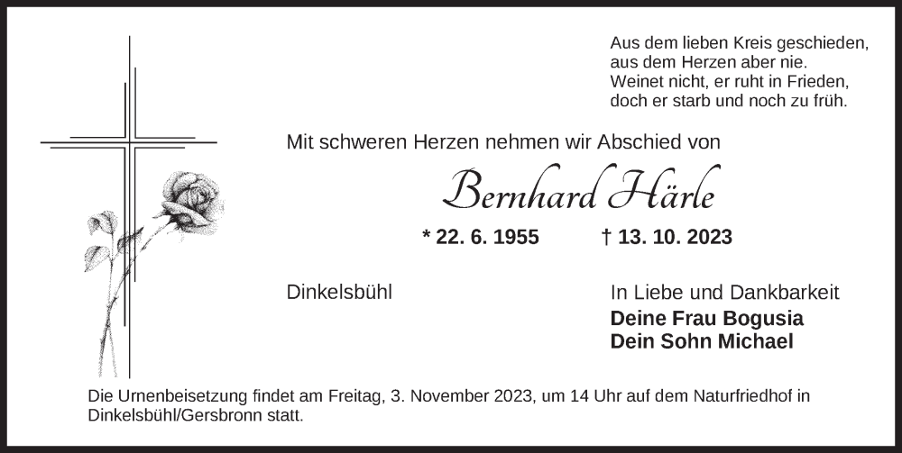  Traueranzeige für Bernhard Härle vom 31.10.2023 aus Dinkelsbühl/ Feuchtwangen