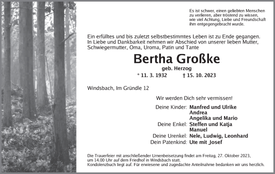 Traueranzeige von Bertha Großke von Ansbach