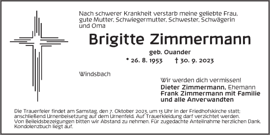 Traueranzeige von Brigitte Zimmermann von Ansbach