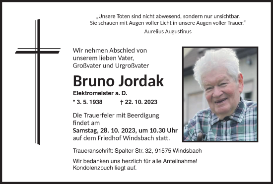 Traueranzeige von Bruno Jordak von Ansbach