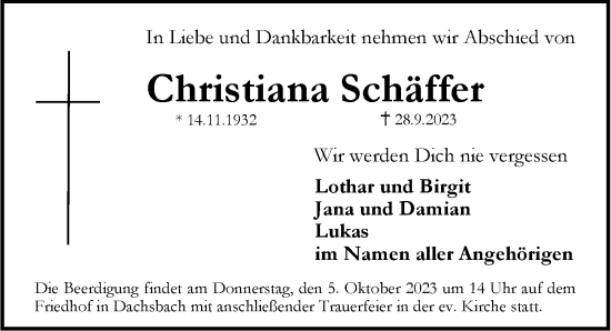 Traueranzeige von Christiana Schäffer von Neustadt/ Scheinfeld/ Uffenheim