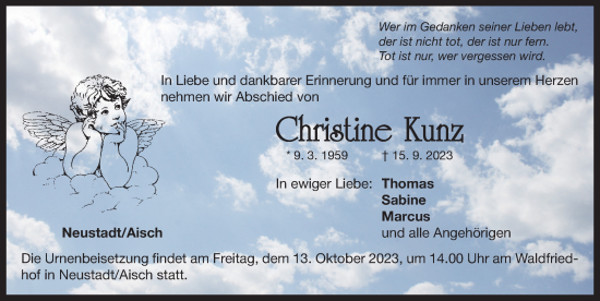 Traueranzeige von Christine Kunz von Neustadt/ Scheinfeld/ Uffenheim