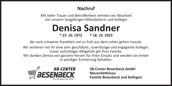 Traueranzeige von Denisa Sandner von Ansbach