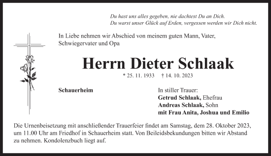 Traueranzeige von Dieter Schlaak von Neustadt/ Scheinfeld/ Uffenheim