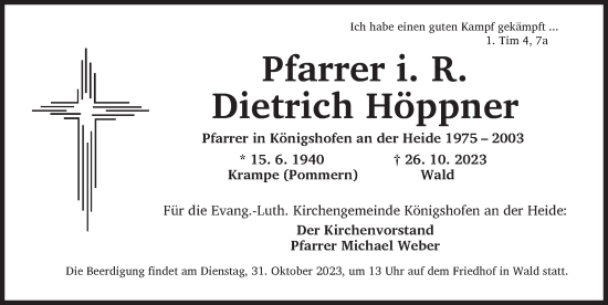 Traueranzeige von Dietrich Höppner von Dinkelsbühl/ Feuchtwangen