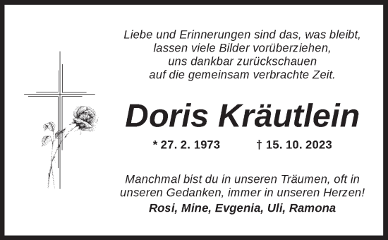 Traueranzeige von Doris Kräutlein von Neustadt/ Scheinfeld/ Uffenheim