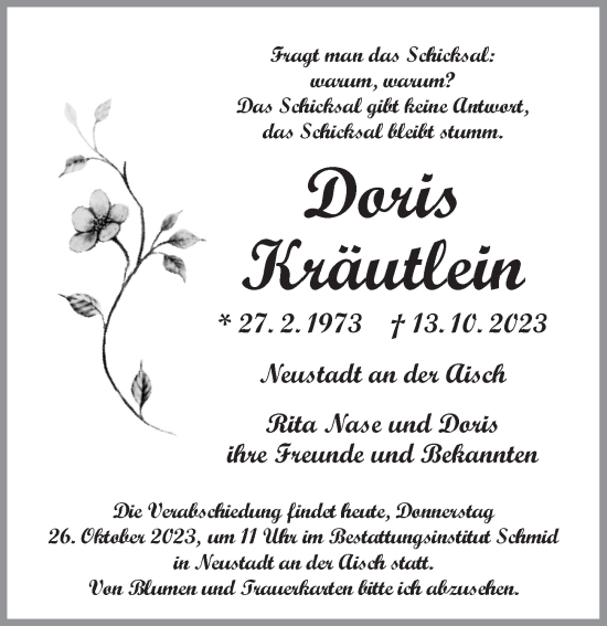 Traueranzeige von Doris Kräutlein von Ansbach