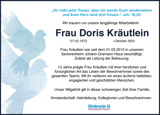 Traueranzeige von Doris Kräutlein von Neustadt/ Scheinfeld/ Uffenheim